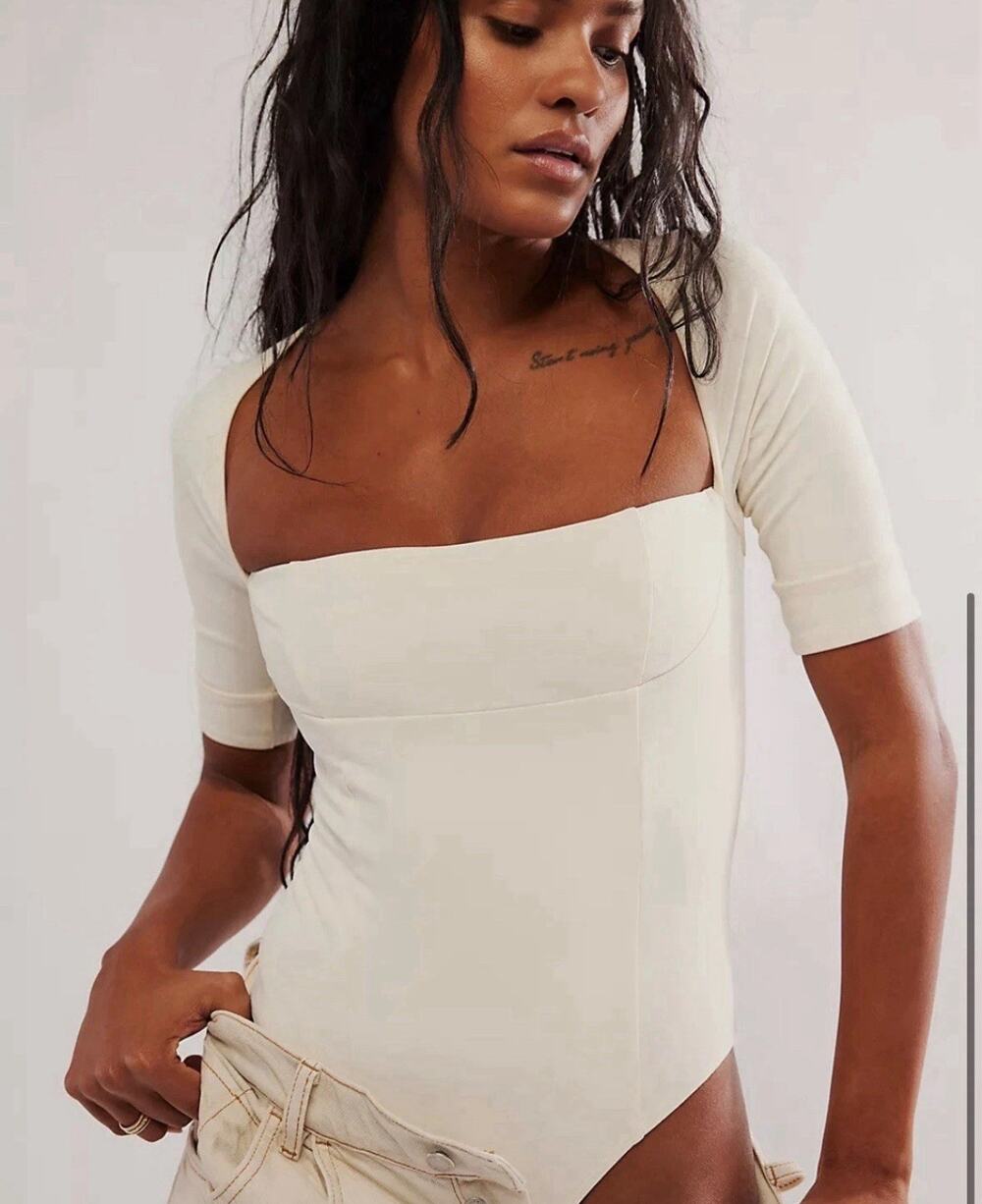 Free people Everly Cream Square Neck Bodysuit Small Stretch Feminine Festie Boho